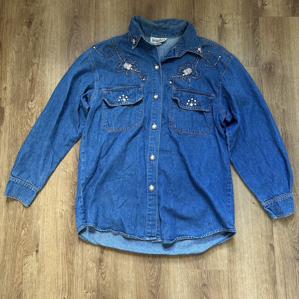 Vintage Green Field Western Decorative Denim Shirt